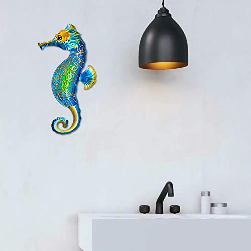 Seahorse Sea Wall Decor Outdoor Metal Garden Hanging Art Glass Sculptures Home Ocean Theme Decorations for Kitchen Bathroom and Pool