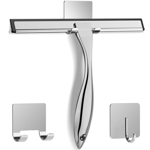 All Purpose Stainless Steel Shower Squeegee for Shower Glass Door with 2 Adhesive Hooks