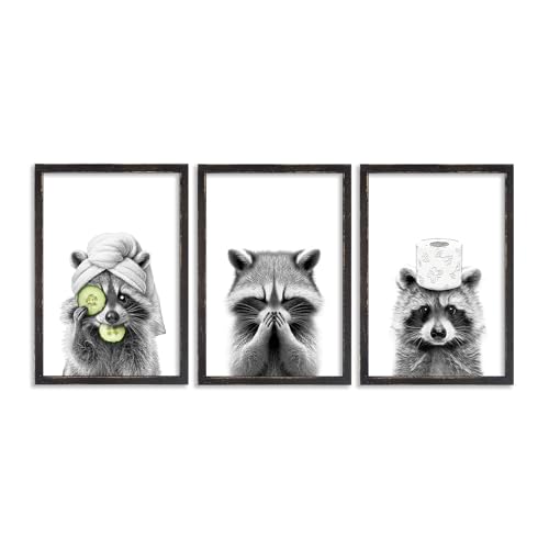 Raccoon Bathroom Wall Art Decor Set of 3 16x11 Inch Black