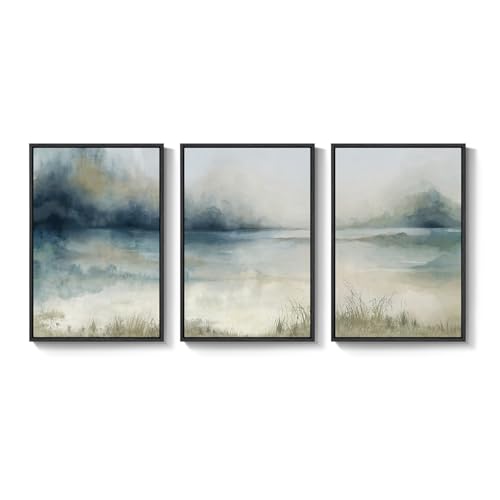 Large Framed Blue Nature Landscape Wall Art for Living Room (3 Count)