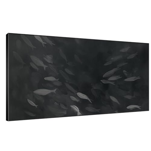 24"x46" Extra Large Framed Wall Art Monochrome Fish Silhouettes Illustration for Home Living Room Bedroom Decor
