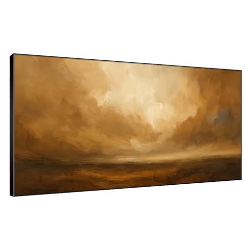 24"x46" Extra Large Framed Wall Art Golden Horizon Abstract Landscape Warm Brown and Amber Sky Illustration for Home Living Room Bedroom Decor