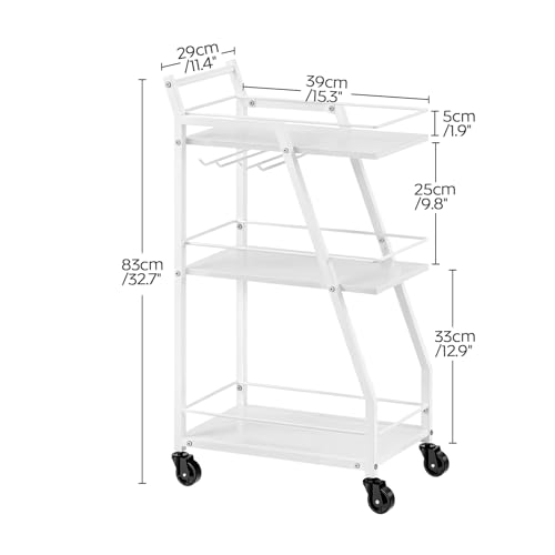 Bar Cart, 3-Tier Home Bar Serving Cart with Wheels, Drink Cart with Glass Holder, Beverage Cart, Rolling Kitchen Cart, for Home, Living Room, White and White BC03WW