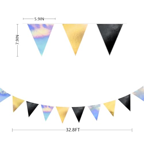 Black Gold Iridescent Party Decorations Triangle Pennant Banner Flag Metallic Fabric Bunting for Birthday Graduation Retirement Wedding Bridal Shower Engagement Bachelorette Disco Party Supplies (32 Foot)