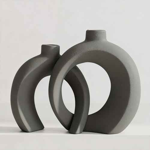 Set of 2 Gray Ceramic Vases for Home Decor Accents