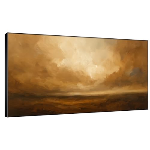 36"x60" Extra Large Framed Wall Art Golden Horizon Abstract Landscape Warm Brown and Amber Sky Illustration for Home Living Room Bedroom Decor