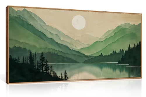 Green Boho Mountain Lake Framed Canvas Wall Art Set