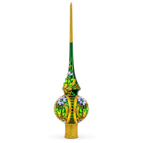 Enchanted Emerald Jeweled Green Glass Christmas Tree Topper 11 Inches