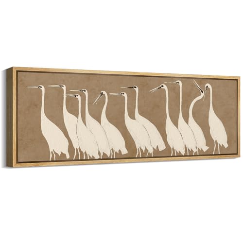 Large Framed Canvas Print Wall Art Minimalist White Cranes on Beige Background Antique Retro Fine Art Illustrations Decorative Colorful for Bedroom