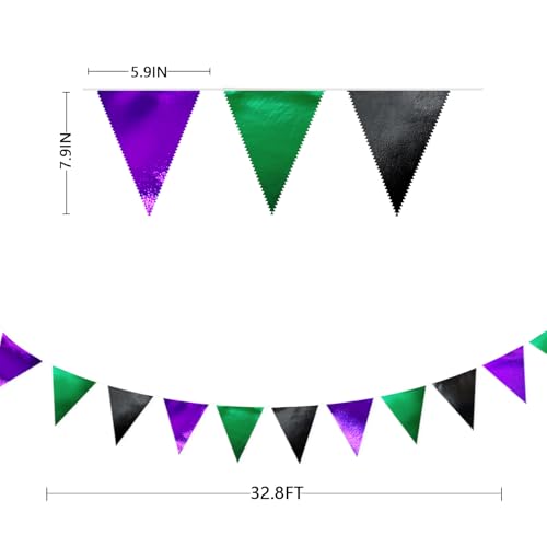 Black Purple Green Party Decorations Metallic Fabric Triangle Pennant Banner Flag Bunting for Boys Men Birthday Graduations Wedding Bachelorette Retirement Video Game Level Up Theme Party Supplies (36 Count)