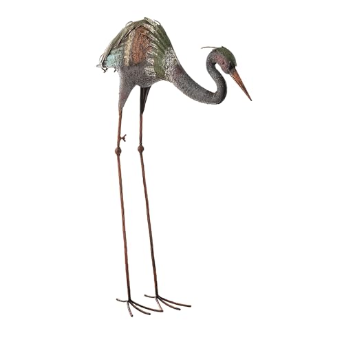 30" Tall Outdoor Rustic Metal Bowing Crane Statue Yard Art Decoration