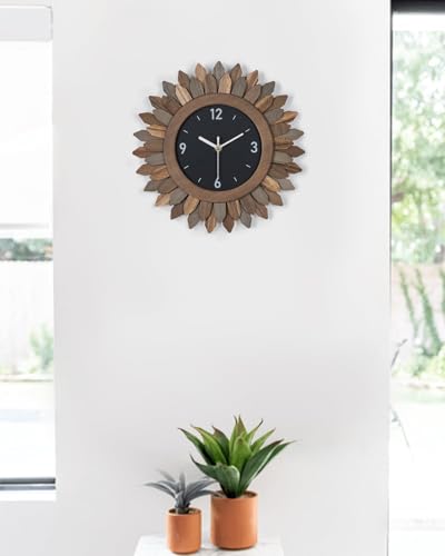 Wall Clock Battery Operated 12 in Rustic Wood Boho Sunburst Decorative Wall Clock Silent Non Ticking Farmhouse Small Wall Clocks for Living Room Kitchen Bathroom Bedroom Decor