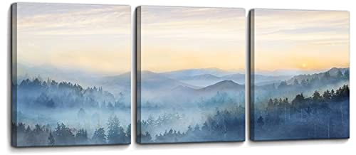 Wall Decor for Bedroom 3 Panel Sunrise Misty Forest Print Picture Paintings Wall Art for Living Room Bathroom Framed Canvas Artwork Modern Room Wall Decorations Size 12x16 x 3 Piece Ready to Hang (3 Count)