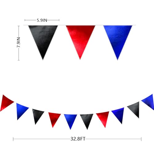 Navy Blue Red Black Party Decorations Metallic Fabric Triangle Pennant Banner Flag Bunting Garland for Graduations Birthday Retirement 4th of July USA Patriotic Veterans Party Decorations Supplies (32 Foot)