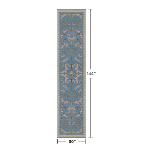Washable Blue Insect Runner Rug 2'6''x12' for Hallway & Kitchen Sink (30 Sq Ft)