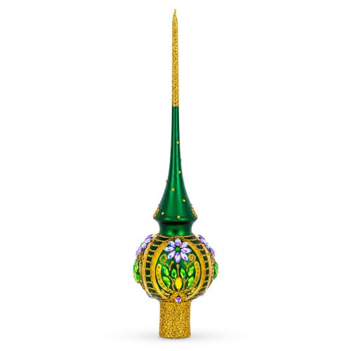 Enchanted Emerald Jeweled Green Glass Christmas Tree Topper 11 Inches