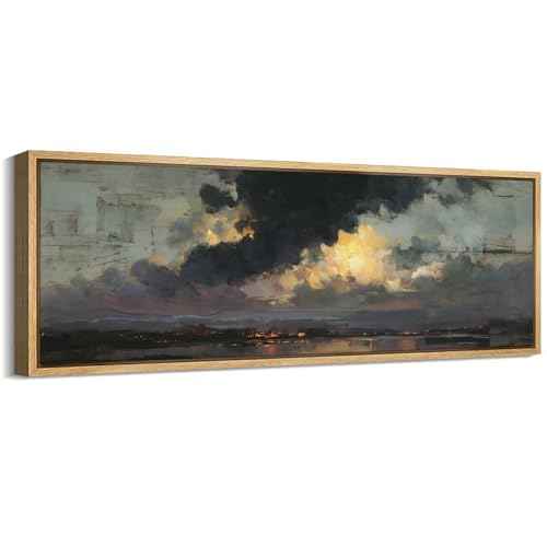 Large Framed Canvas Print Wall Art Dramatic Sunset Clouds Antique Retro Fine Art Illustrations Decorative Colorful for Bedroom