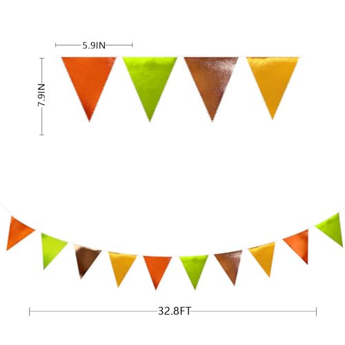 Fall Party Decorations Orange Green Gold Brown Metallic Fabric Triangle Pennant Flag Bunting Banner for Fall Autumn Thanksgiving Wedding Birthday Baby Shower Bridal Shower Engagement Party Supplies (36 Count)