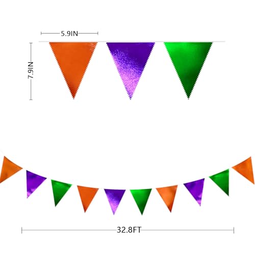 Halloween Party Decorations Metallic Fabric Green Orange Purple Triangle Pennant Banner Flag Bunting for Trick or Treat Spooky Hey Boo Happy Halloween Holiday Birthday Baby Shower Party Supplies (36 Count)