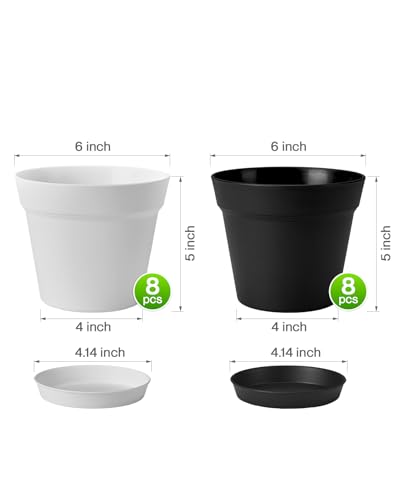 6 Inch Plastic Flower Pots with Drainage Holes and Trays (16 Count)