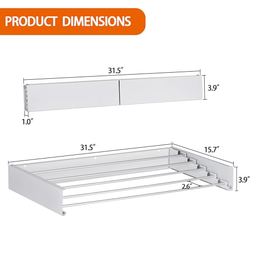 Laundry Drying Rack Wall Mounted Clothes Drying Rack Collapsible with 5 Aluminum Rods and Drilling Template Long Screwdriver Bit 60 lbs Capacity