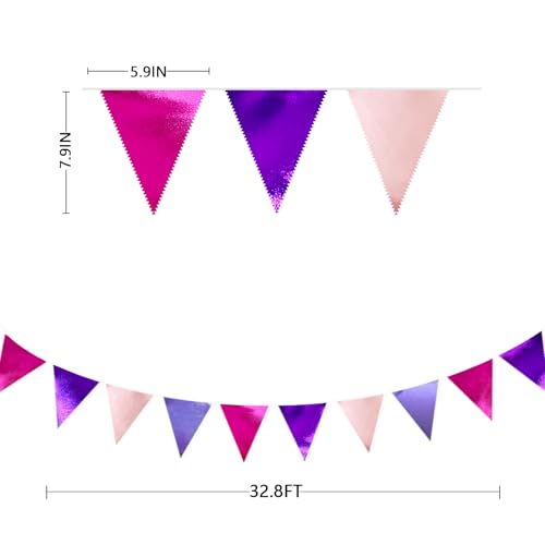 Pink and Purple Party Decorations Metallic Hot Pink Lavender Fabric Triangle Pennant Banner Flag Bunting Garland for Girls Women Birthday Wedding Baby Shower Bachelorette Engagement Party Supplies (36 Count)