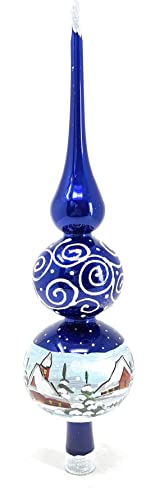 12 Inch Blue Gloss Spitz Glass Christmas Tree Topper Mouth Blown by Polish Artisans and Hand Decorated with Gold and Silver Embellishments Made in Poland