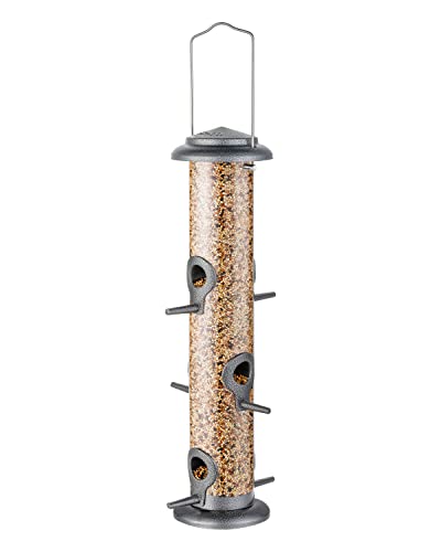 Metal Bird Feeder Hanging Wild Bird Seed Feeder for Mix Seed Blends Heavy Duty All Metal Silver Finish