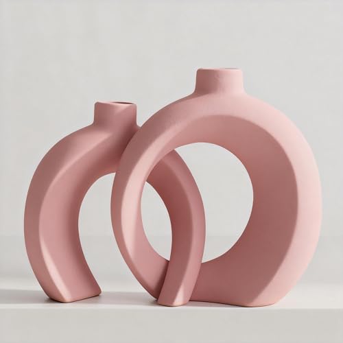 Set of 2 Pink Ceramic Vases for Home Decor Accents