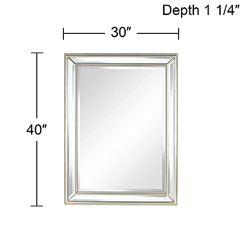 Palais Rectangular Vanity Decorative Accent Wall Mirror Modern Beaded Beveled Glass Mottled Silver Mirrored Frame 30" Wide for Bathroom Bedroom Living Room Home House Office