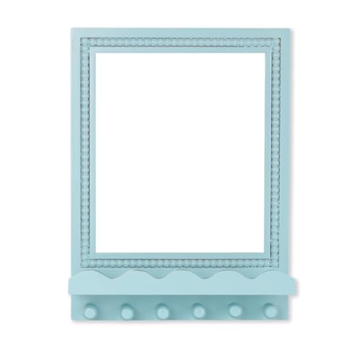 16x12 Inch Wall Mount Beaded Wood Framed Mirror with Shelf and 6 Hooks