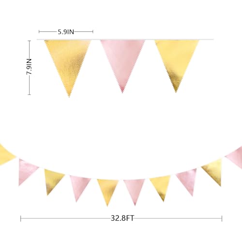Pink Gold Party Decoration Metallic Fabric Light Pink Gold Triangle Pennant Banner Flag Bunting Garland for Women Girl Birthday Retirement Graduations Bridal Shower Wedding Baby Shower Party Supplies (36 Count)