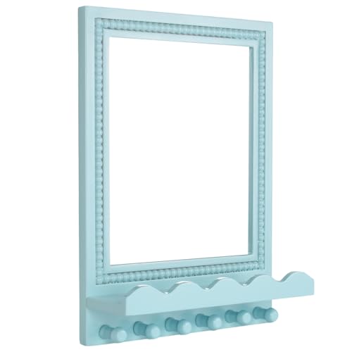 16x12 Inch Wall Mount Beaded Wood Framed Mirror with Shelf and 6 Hooks