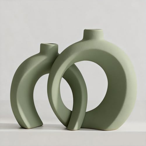 Set of 2 Sage Green Ceramic Vases for Home Decor Accents