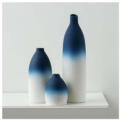Blue and White Vase Set Navy Blue Decor Coastal Decor Vases for Kitchen Island Living Room Office Table Fireplace Mantle Decorations & Bathroom Shelf Decor Centerpiece Table Decorations Ceramic (3 Count)