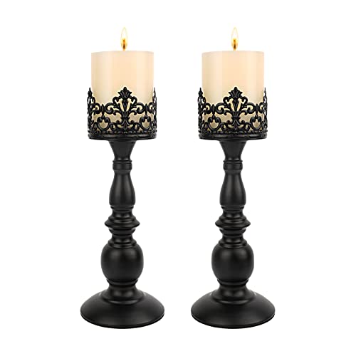 Candle Holders for Pillar Candles Gothic Matte Black Vintage Tall Candle Holders Set of 2 Decorative Large Table Centerpieces Candle Stand Decor (2 Count)