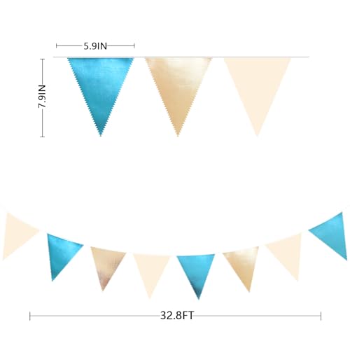 Champagne Gold Sky Blue Beige Decorations Metallic Fabric Triangle Pennant Banner Bunting Flag Garland for Birthday Baby Shower Engagement Wedding Graduation Bridal Shower Party Decorations Supplies (36 Count)