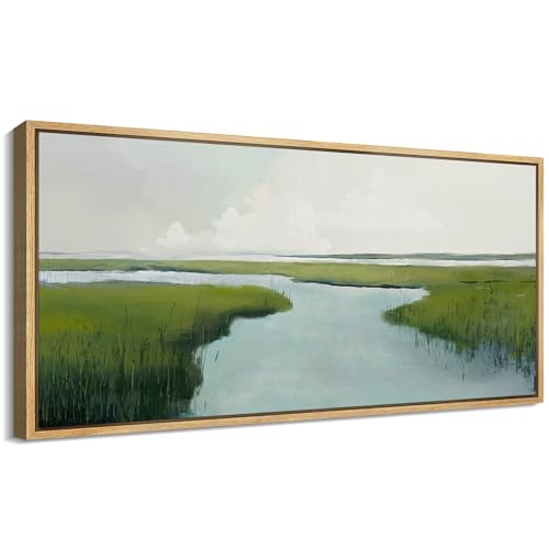 Extra Large Framed Canvas Print Wall Art Serene Marshland Landscape Green and Blue Peaceful Illustrations Antique Retro Fine Art Illustrations Decorative Colorful for Bedroom