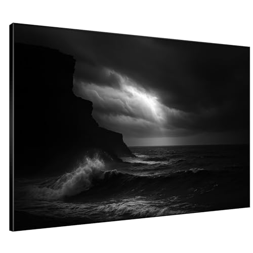 36"x46" Extra Large Framed Wall Art Dramatic Black and White Ocean Waves with Cliff and Stormy Sky for Home Living Room Bedroom Decor