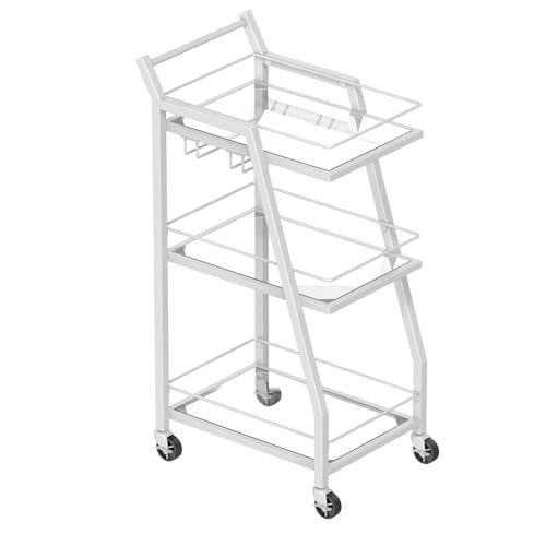 Bar Cart, 3-Tier Home Bar Serving Cart with Wheels, Drink Cart with Glass Holder, Beverage Cart, Rolling Kitchen Cart, for Home, Living Room, Transparent and White BC03WT
