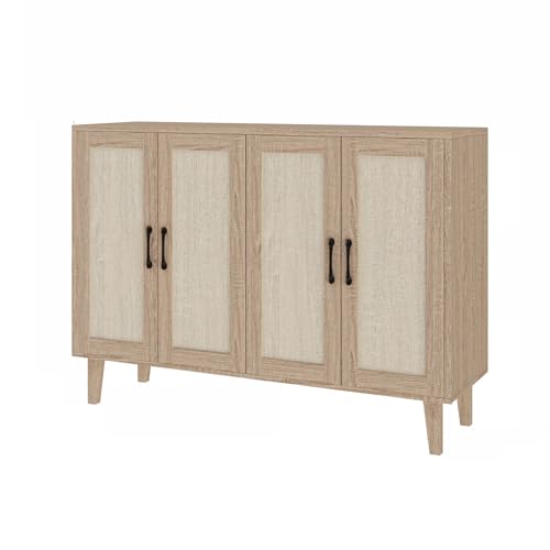Buffet Storage Cabinet with Rattan Decorating 4 Doors Living Room Kitchen Sideboard 48.43 x 34.65 x 15 inch