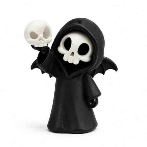 Halloween Miniature Skeleton Figurine Cute Grim Reaper Skeleton Holding Skull with Black Hooded Gothic Desktop Decoration Spooky Collectible Ornament for Home Office Party Cake Display Gift