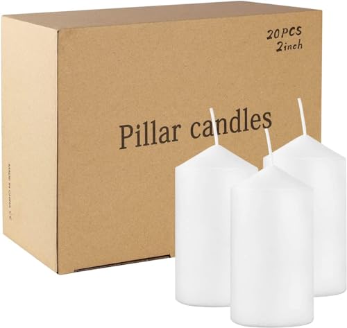 20 Pcs Bulk Long Burning Wax Pillar Candles 2" x 4" Dripless Unscented Smokeless for Wedding Party Spa Lantern Fireplace Home (20 Count)