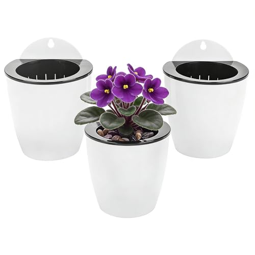 3 Pack Self Watering Wall Hanging Planter Pots Vertical Garden Window Hang Mount Indoor Outdoor Plant Flower Basket for Kitchen Herbs Balcony Railing Shelf Fence Bedroom Trellis Decor Modern White Box (3 Count)