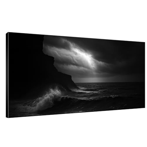 24"x46" Extra Large Framed Wall Art Dramatic Black and White Ocean Waves with Cliff and Stormy Sky for Home Living Room Bedroom Decor
