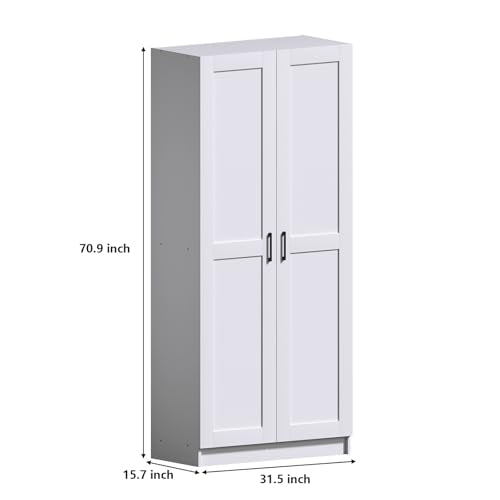 White Tall Kitchen Pantry Cabinet Organizers and Storage with Doors and Adjustable Shelves