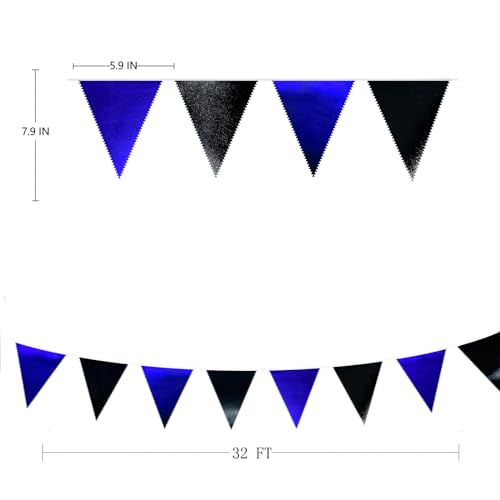 Royal Blue Black Party Decorations Navy Black Metallic Fabric Triangle Pennant Banner Flag Bunting Garland for Graduations Birthday Retirement Wedding Bachelorette Nautical Outdoor Party Supplies (32 Foot)