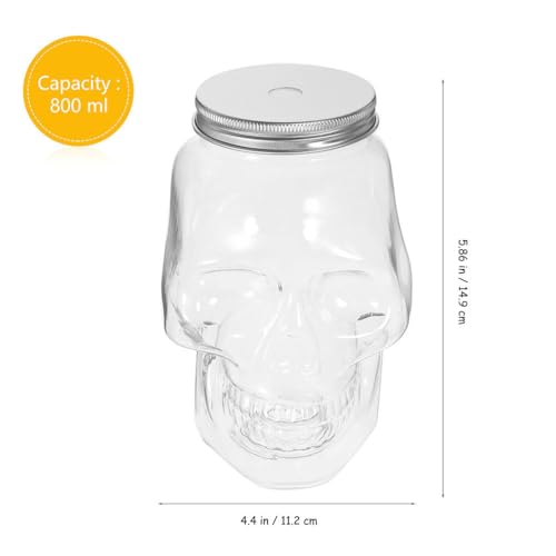 4pcs Halloween Beverage Bottles Clear Skull Shaped Jar Cups 800ml Plastic Drink Bottles with Screw Straw Hole Lid Party Water Tumbler Skull Beverage Juice Mug