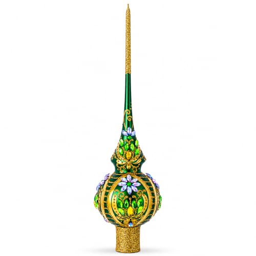 Enchanted Emerald Jeweled Green Glass Christmas Tree Topper 11 Inches