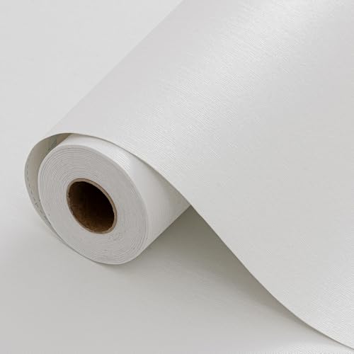 Grasscloth White Peel and Stick Wallpaper 20.8"x394" Thick Slight Embossed Linen Textured Wall Paper Self (56.7 Sq Ft)